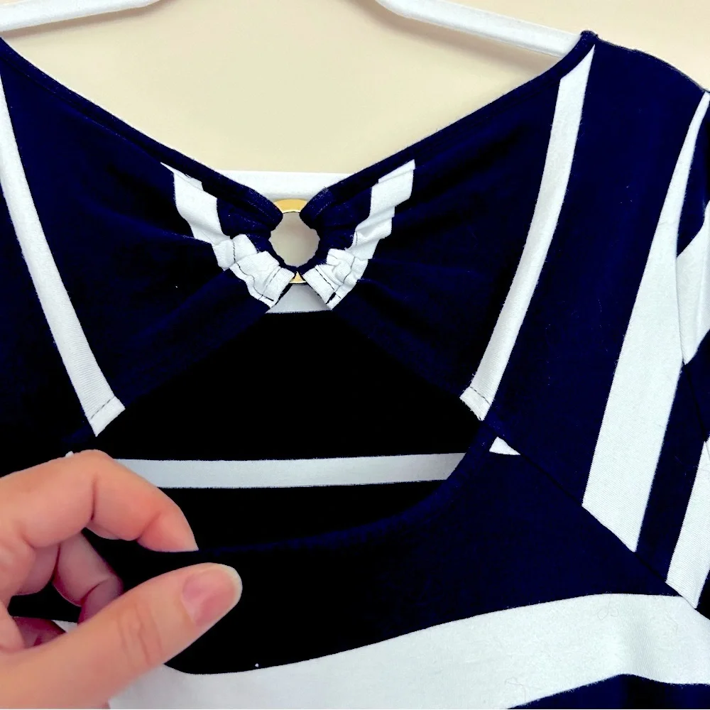 Crown & Ivy Navy Blue and White 3/4 Sleeve Soft Striped Crew Neck Dress - Picture 5 of 7